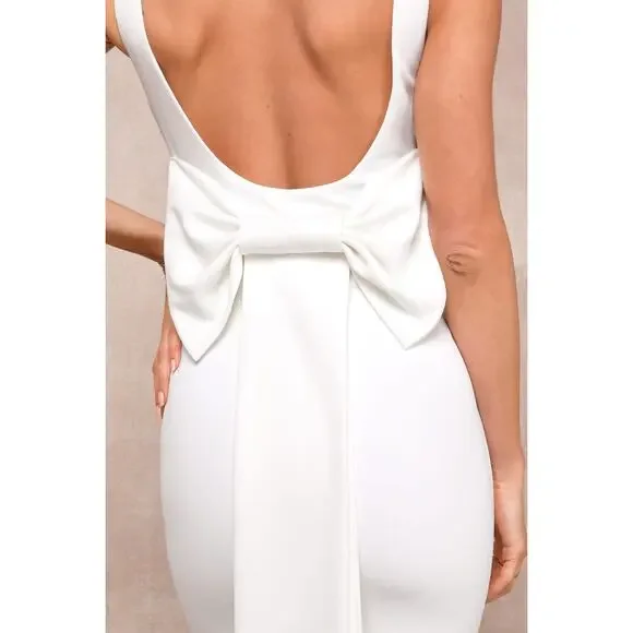 NWT Lulus Loving Fate White Bow Square Neck Backless Maxi Dress Wedding Bride M - Picture 6 of 11